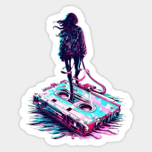 Surreal Vaporwave nostalgia woman on cassette tape Sticker